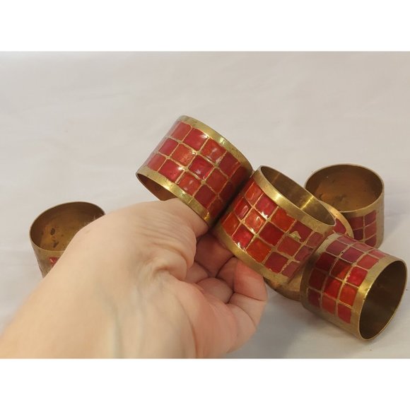 Pier 1 Vintage Brass with Red Enamel Napkin Rings Holder set of 8 - Picture 8 of 8